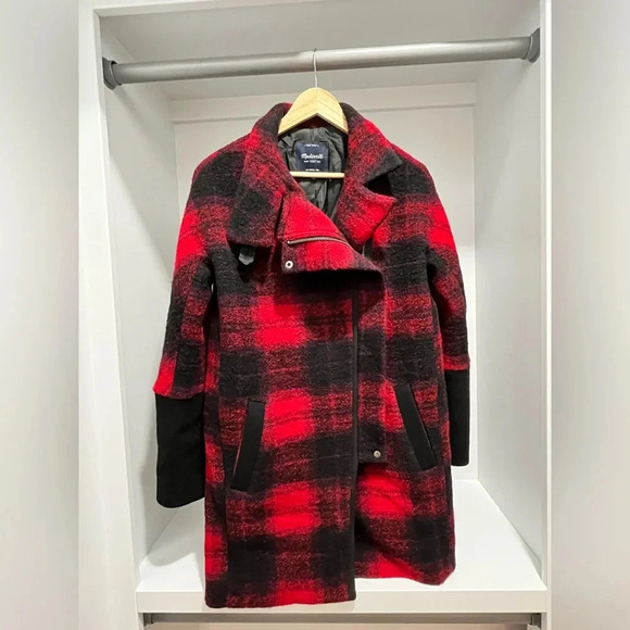 Madewell City Grid Coat flame red Plaid Wool Oversized Winter Red Black Size 00 - Picture 6 of 17